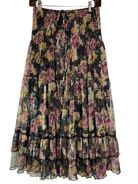 Lapis Black Floral Midi Skirt with Pink & Yellow Blooms
